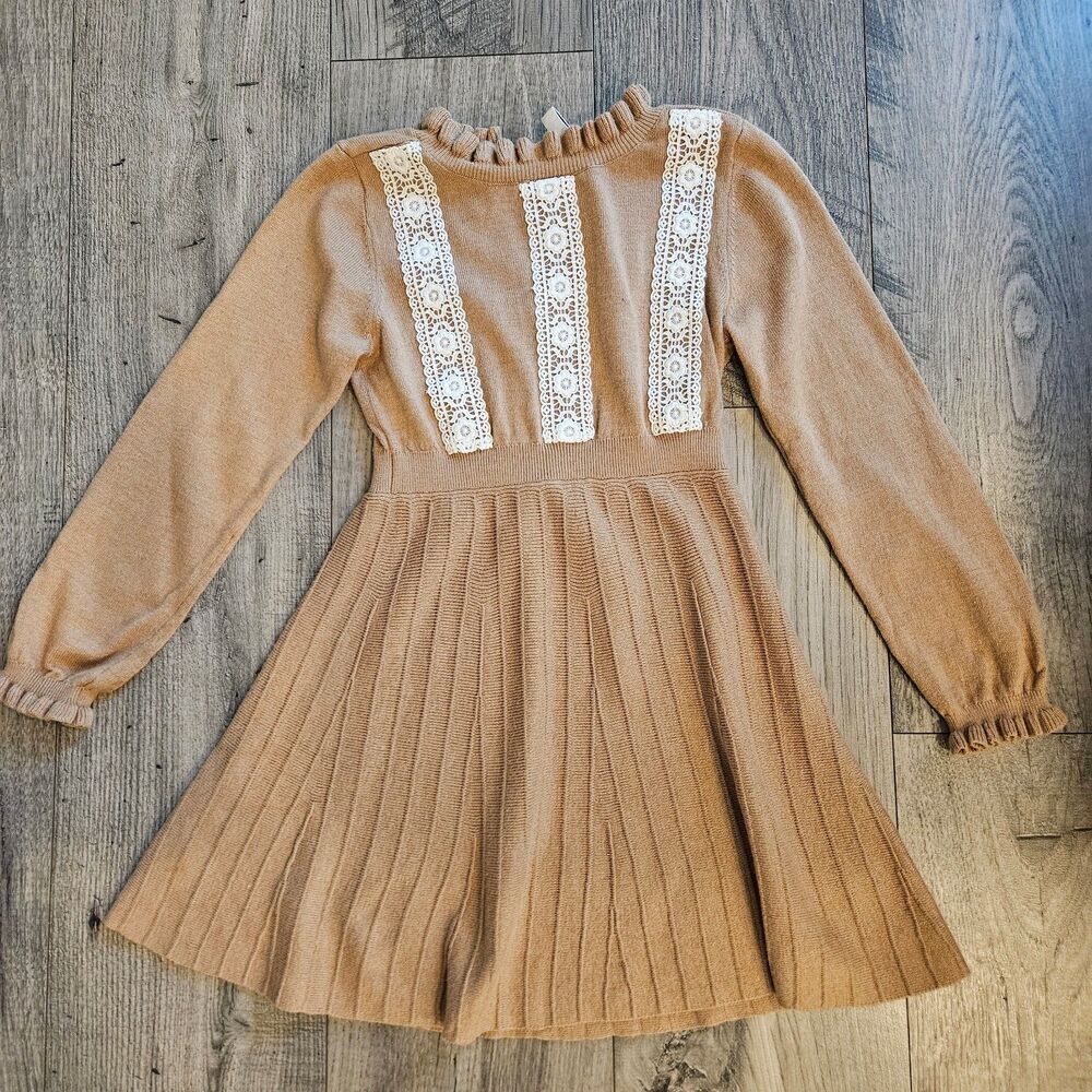 Janie and Jack Camel Color Long Sleeve Dress with Lace Detail Girl Size 5T